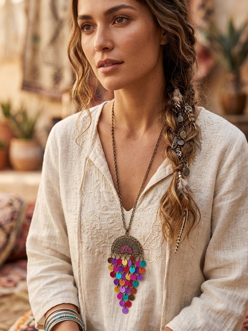 Vintage Bohemian Multicolored Glass Disc Coin Statement Fringe Necklace